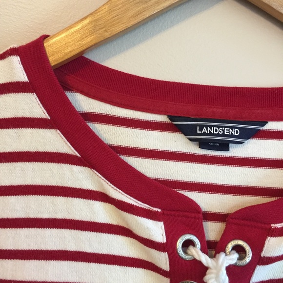 Lands’ End Long Sleeve Lace Up Striped Shirt Red & White - Picture 6 of 13